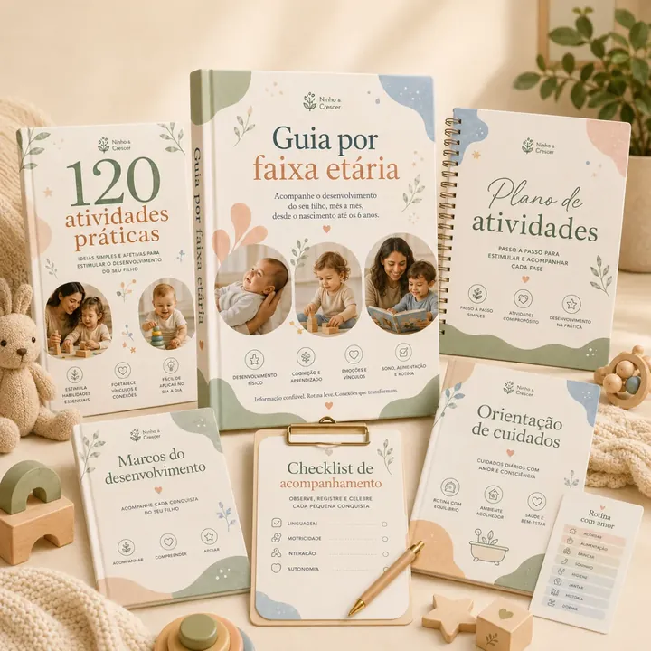 Coleção de guias Ninho & Crescer: Guia por faixa etária, 120 Atividades práticas, Plano de atividades, Marcos do desenvolvimento, Checklist de acompanhamento e Orientação de cuidados