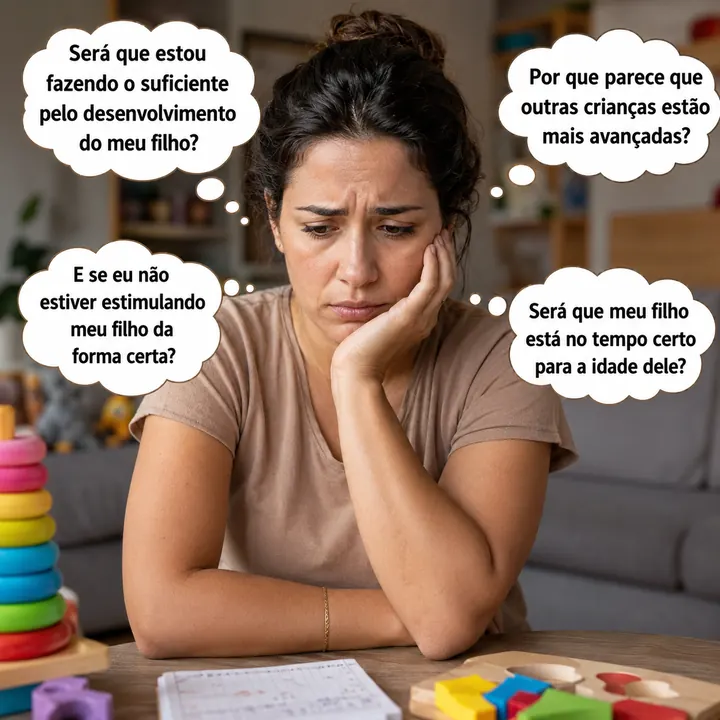 Mãe pensativa cercada de dúvidas sobre o desenvolvimento do filho